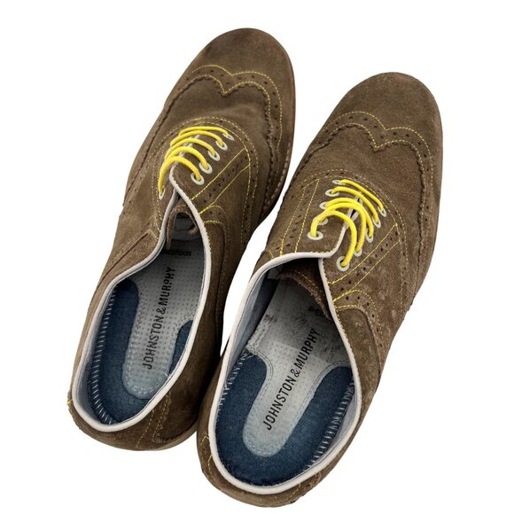 Johnston & Murphy Mens Suede Oxfords Brown W/ Yellow Laces L12 8M Sheepskin Inso